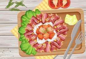 Top view of breakfast on wooden tray vector