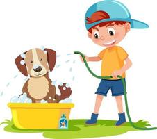 niño pequeño dando un baño al perro