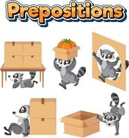 diseño de wordcard de preposición con mapache y cajas vector