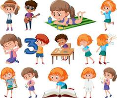 Set of children doing different activities on white background vector