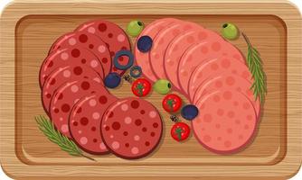 Top view of lunch meat on a wooden tray vector