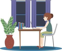 A woman working using laptop flat design at home vector