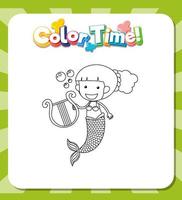 Worksheets template with color time text and Mermaid outline vector