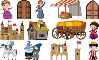 Medieval characters buildings set vector