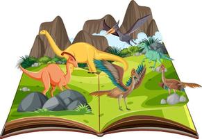 libro emergente con escena de la naturaleza al aire libre y dinosaurio vector
