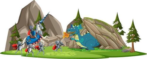 Scene with knight and dragon in fairytale land vector