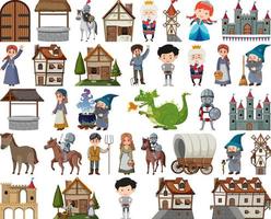 Medieval characters buildings set vector