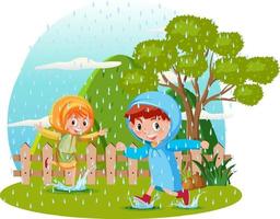 un niño usando el impermeable jugando bajo la lluvia vector
