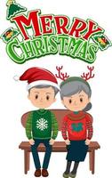 Merry Christmas logo with elderly couple sitting on a bench vector