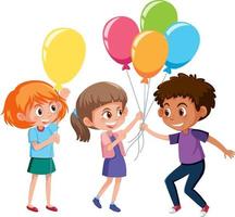 un grupo de niños posan de pie y sostienen un personaje de dibujos animados de globos aislado en fondo blanco vector