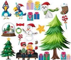 set de navidad con arbol y adornos vector