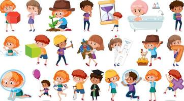 Set of children doing different activities on white background vector