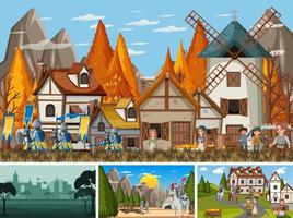 Set of different scene medieval with silhouette vector