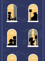 Night windows building with people silhouettes vector