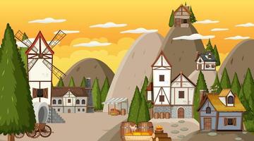 Medieval town scene with sunset vector