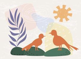 arte mural con composición abstracta con un par de pájaros en el fondo del sol naciente. símbolos de paz, armonía y libertad vector