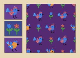 Seamless pattern of cute cartoon birds and flowers with abstract elements for postcards and prints vector