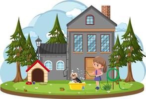 Girl washing her dog in front of house cartoon