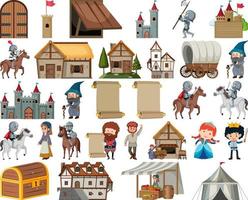 Medieval characters buildings set vector