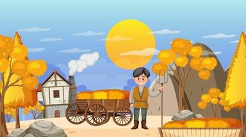 Medieval town cartoon scene with a farmer vector