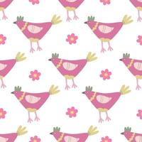 Seamless pattern with colorful hens and chamomile flowers. Great for fabric, wrapping papers, Easter design. Hand drawn flat  illustration on white background. vector