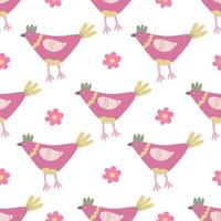 Seamless pattern with colorful hens and chamomile flowers. Great for fabric, wrapping papers, Easter design. Hand drawn flat  illustration on white background. vector