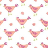 Seamless pattern with colorful hens and chamomile flowers. Great for fabric, wrapping papers, Easter design. Hand drawn flat  illustration on white background. vector