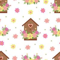 Seamless pattern with birdhouses decorated with colorful spring flowers. Great for fabric, wrapping papers, Easter design. Hand drawn flat  illustration on white background. vector