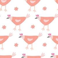 Seamless pattern with colorful hens and chamomile flowers. Great for fabric, wrapping papers, Easter design. Hand drawn flat  illustration on white background.
