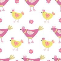 Seamless pattern with colorful hens, baby chickens and chamomile flowers. Great for fabric, wrapping papers, Easter design. Hand drawn flat  illustration on white background. vector