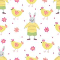 Seamless pattern with colorful decorative hens and bunny boys. Great for fabric, wrapping papers, Easter design. Hand drawn flat  illustration on white background. vector