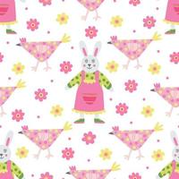 Seamless pattern with colorful decorative hens and bunny girls. Great for fabric, wrapping papers, Easter design. Hand drawn flat  illustration on white background. vector