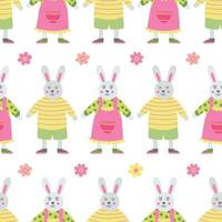 Seamless pattern with bunny girls and boys. Great for fabric, wrapping papers, Easter design. Hand drawn flat illustration on white background. vector