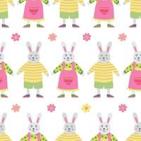 Seamless pattern with bunny girls and boys. Great for fabric, wrapping papers, Easter design. Hand drawn flat illustration on white background. vector