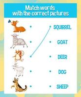 hoja de trabajo de emparejar animales de palabra a imagen para niños vector