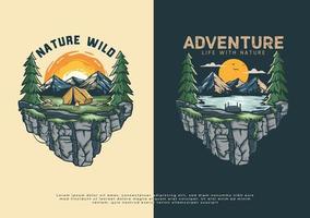 paisaje de ilustración de campamento de bosque y lago, obras de arte para la impresión de camisetas vector