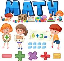 Math classroom objects with supplies and students vector