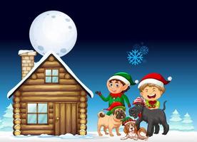 Snowy winter night with Christmas children and dogs vector