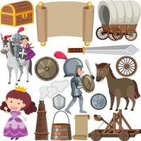 Medieval characters buildings set vector