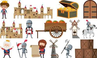 Medieval characters buildings set vector