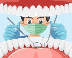 Dentist holding instruments examining patient teeth inside human mouth vector