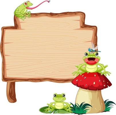 Blank wooden signboard with frogs