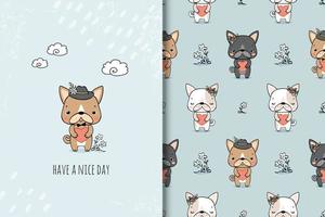 Cute dog with heart cartoon character card and seamless pattern vector