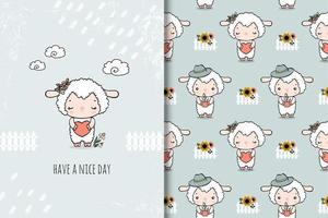 Little cartoon sheep with heart card and seamless pattern vector