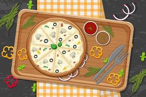 Top view of cheese pizza on a wooden tray vector