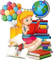 A girl reading books on a stack of books vector