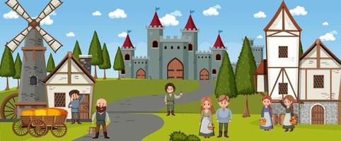 Medieval town scene with villagers vector