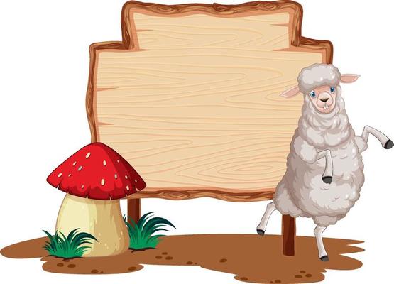 Blank wooden signboard with cute sheep