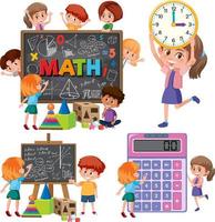 Math classroom objects with supplies and students vector