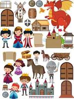 Medieval characters buildings set vector